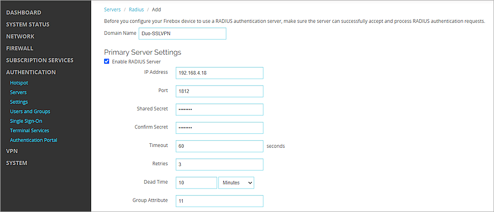 Screenshot of the primary RADIUS server settings on the Firebox